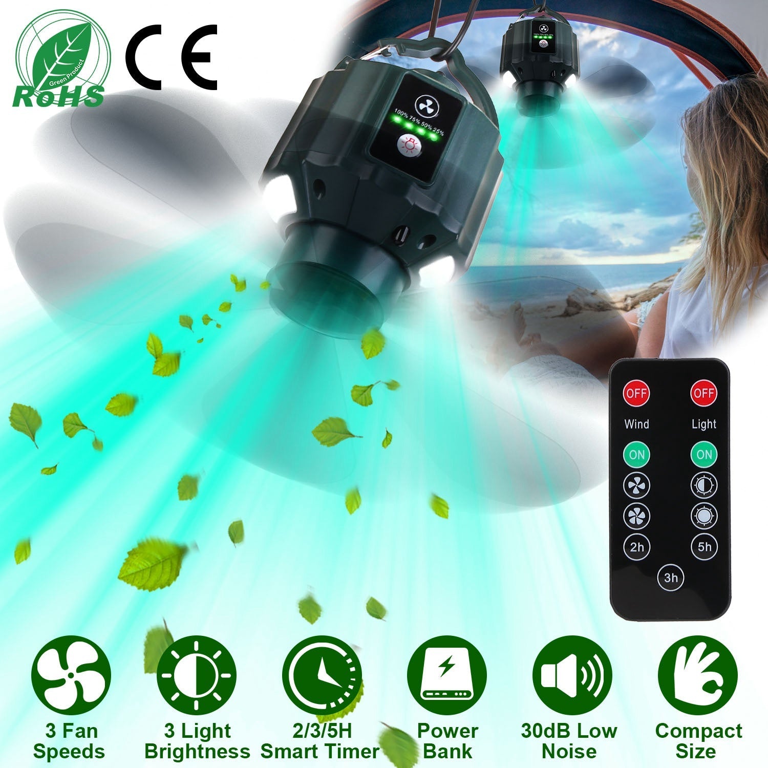 Portable Camping Ceiling Fan Rechargeable Outdoor Tent Cooling Device