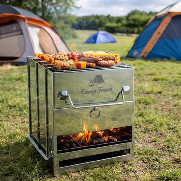 Camping grill with food cooking outdoors near tents