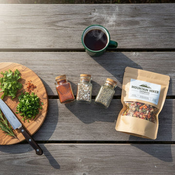 Spices, a cutting board with herbs, a knife, and a package of Mountain Hiker Gourmet food on a wooden table.