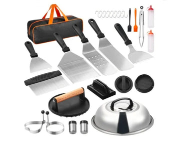 28PCS Griddle Accessories Kit, Flat Top Grill Accessory, Enlarged Spatula Gift Set, Stainless Steel Grilling Tools with Basting Cover, Tong, Burger Press, Carry Bag, for Outdoor BBQ Teppanyaki